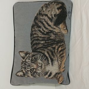 Tabby Cat Woven Tapestry Pillow Tortoiseshell Kitty 18x12 Signed 90s Y2K Vintage